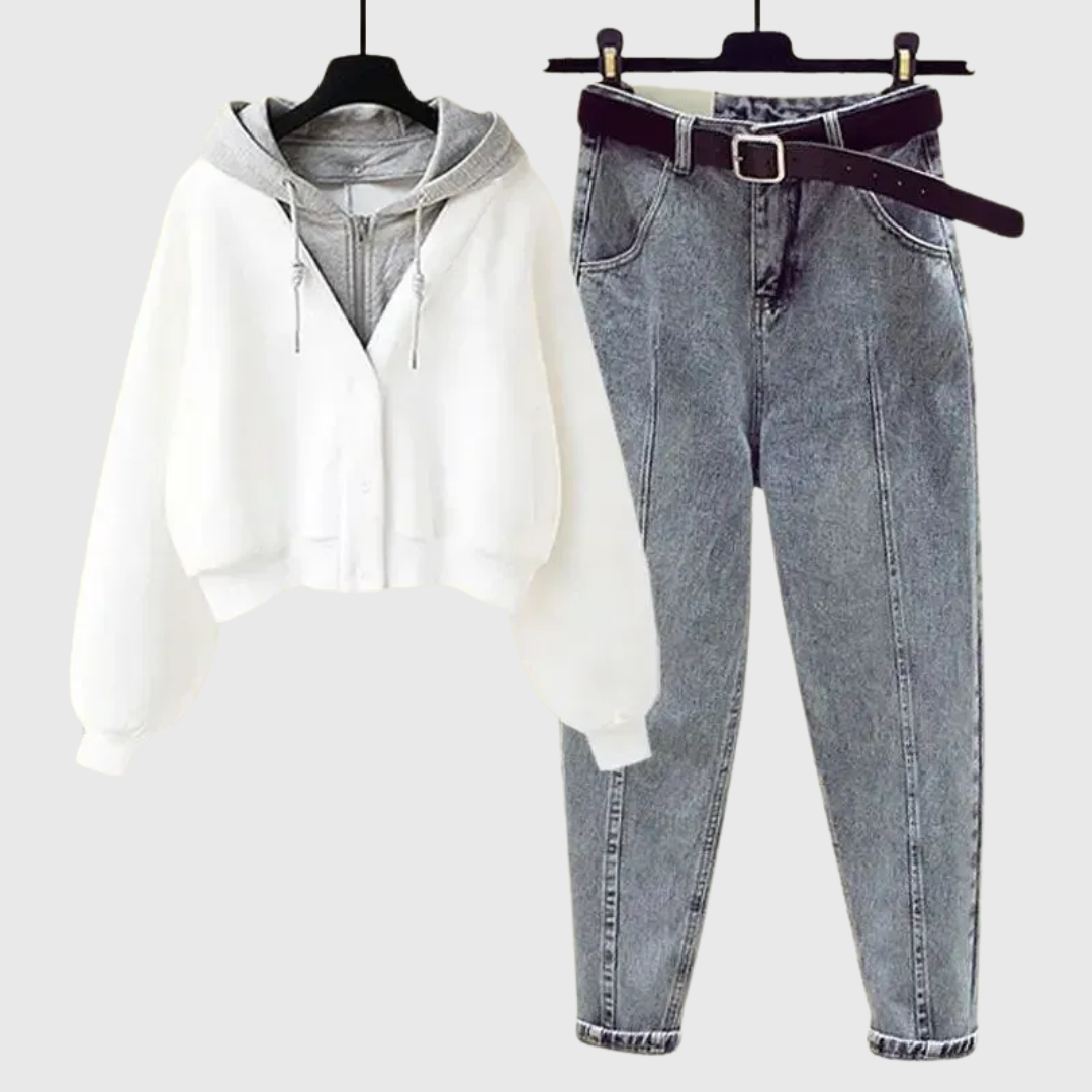 Eala - Koreanisches Vintage-Zwei-Teile-Hoodie- und Jeans-Set