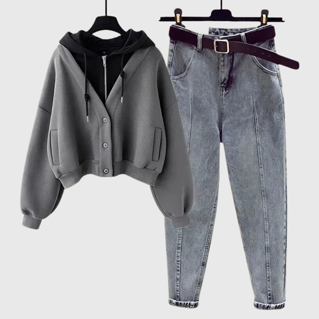 Eala - Koreanisches Vintage-Zwei-Teile-Hoodie- und Jeans-Set