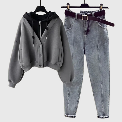 Eala - Koreanisches Vintage-Zwei-Teile-Hoodie- und Jeans-Set