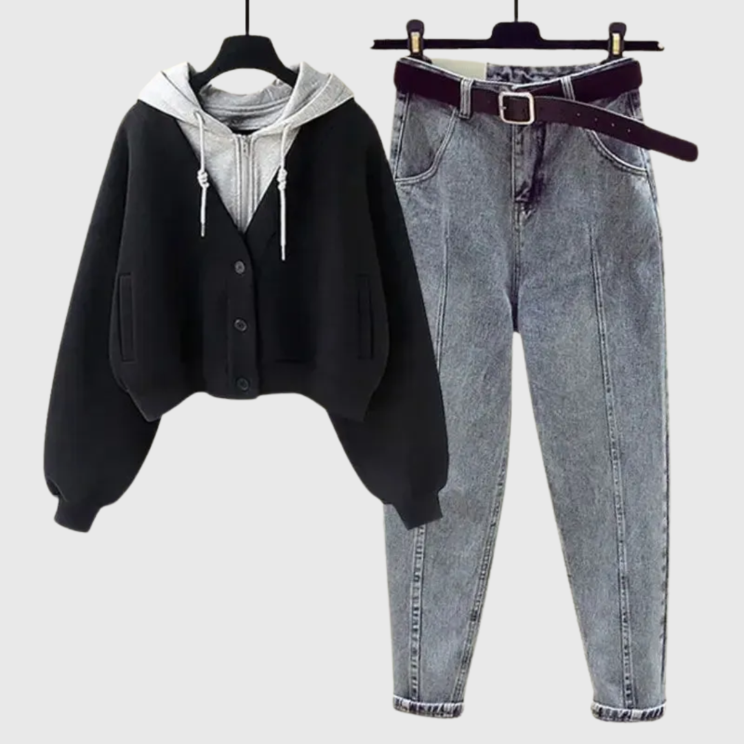 Eala - Koreanisches Vintage-Zwei-Teile-Hoodie- und Jeans-Set