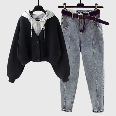 Eala - Koreanisches Vintage-Zwei-Teile-Hoodie- und Jeans-Set