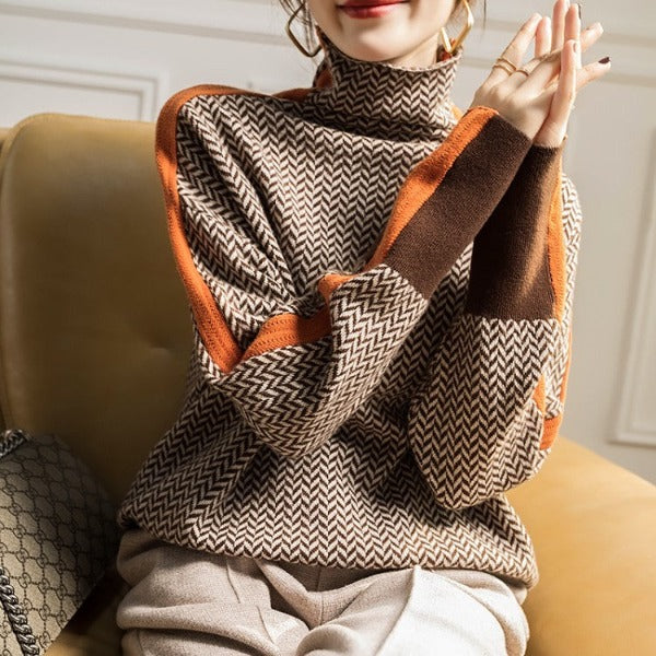 Vera™ | Eleganter Strickpullover mit Hohem Kragen & Kontraststreifen