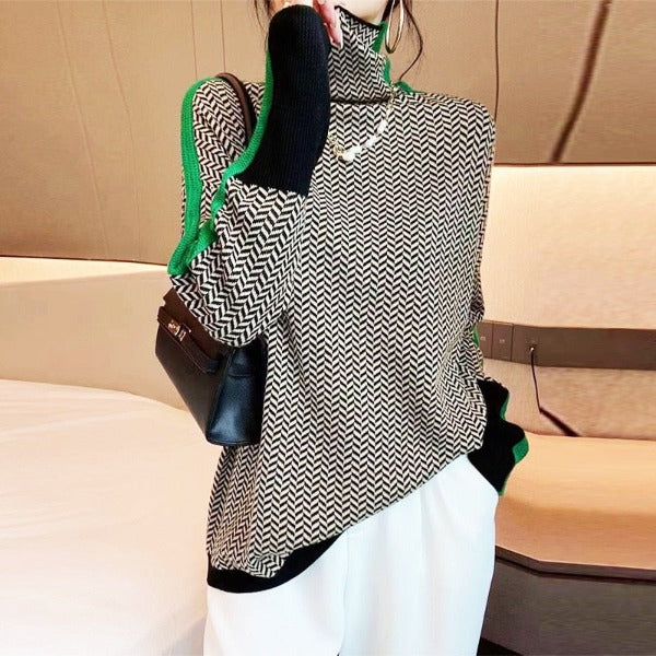 Vera™ | Eleganter Strickpullover mit Hohem Kragen & Kontraststreifen